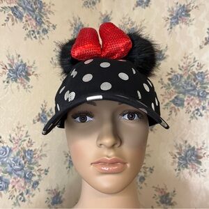 Disney Minnie Mouse Black Silver Polka Dot Pom Pom Baseball Cap w/ Bow